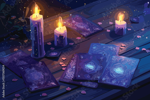 Fortune teller room with magic ball and tarot cards on table with red cloth. Vector cartoon interior of magician room with occult accessories for fate prediction, crystal, palmistry hand and candles