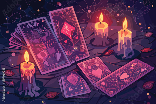 Fortune teller room with magic ball and tarot cards on table with red cloth. Vector cartoon interior of magician room with occult accessories for fate prediction, crystal, palmistry hand and candles
