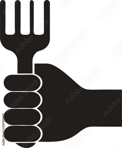 A black stylized hand vigorously grips a classic dinner fork tightly against white backdrop