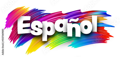 Spanish word meaning the Spanish language in bold white letters over vibrant multicolor vector brush strokes