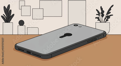 Modern smartphone resting on a wooden table in a minimalist interior design setting