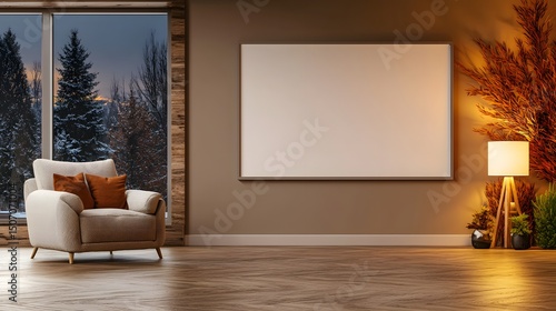 Stylish Modern Living Room with Cozy Furniture and Warm Lighting in Evening Atmosphere