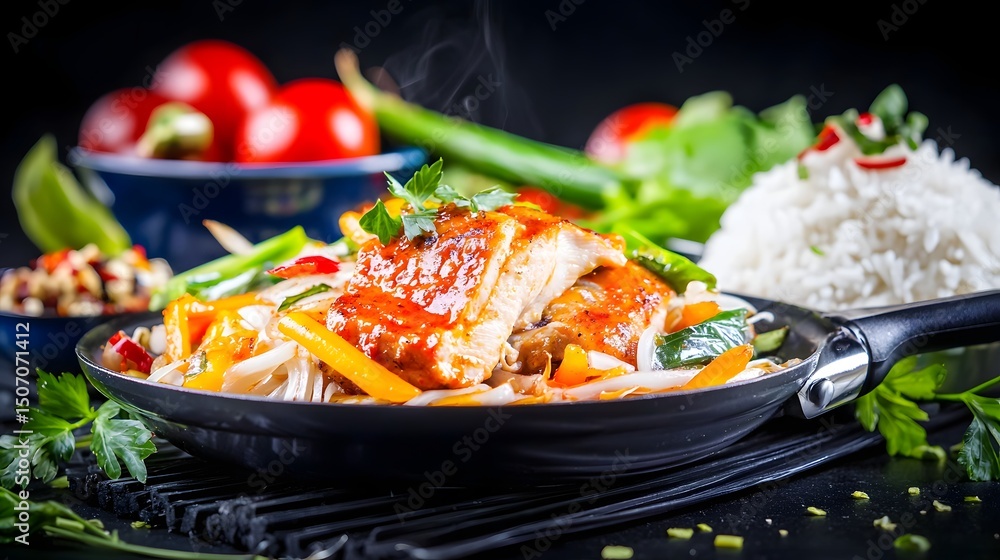 Delicious Salmon Fillet Served with Fresh Vegetables and Rice on a Black Background Delicious Salmon Fillet Served with Fresh Vegetables and Rice on a Black Background