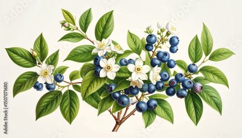 A detailed botanical illustration of the blueberry plant, showing flowers, leaves, and ripe berries — scientific style on cream background