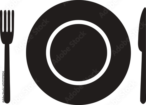 Simple place setting with black plate, knife and fork is on transparent background
