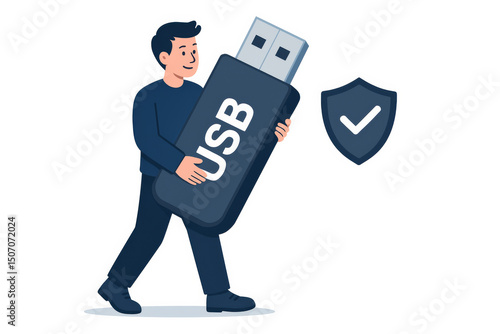 Businessman carrying secure USB flash drive with protection shield. Data storage security concept. Digital backup technology. Portable memory stick safety vector illustration