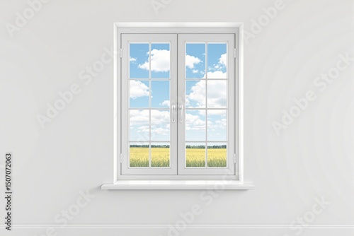 White-framed closed window on plain light wall with blue sky  fluffy clouds  and yellow field outside  creative background concept. Ai generative