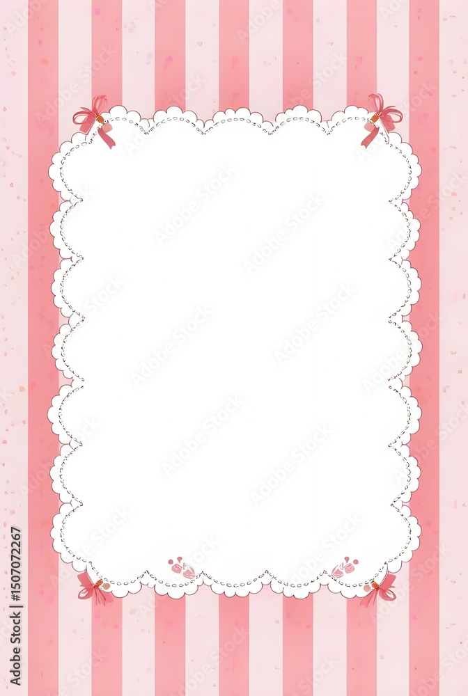 A whimsical pink and white frame with a delicate scalloped edge and sweet bow accents, set against a vertically striped background with subtle watercolor-like textures. A whimsical pink and white frame with a delicate scalloped edge and sweet bow accents, set against a vertically striped background with subtle watercolor-like textures.