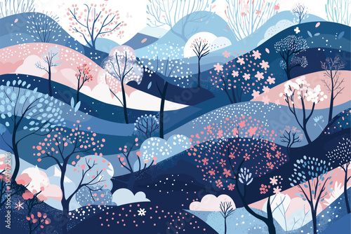 Winter snowy landscape, forest trees and hills with copy space. Hand sketch. Perfect content for Mock-up, greeting cards, wallpaper, postcard, poster, napkin, textile and other creative projects.