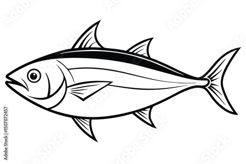 Black and White Illustration of Tuna Fish with Fins and Tail Outlined Nicely