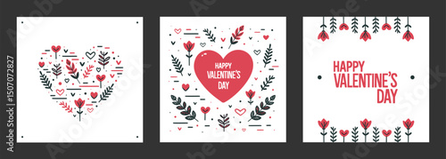 Set of stylish minimalistic Valentine's Day cards on white background. Memphis design with holiday greetings, for printing, invitations and declarations of love with the text "Happy Valentine's Day!"