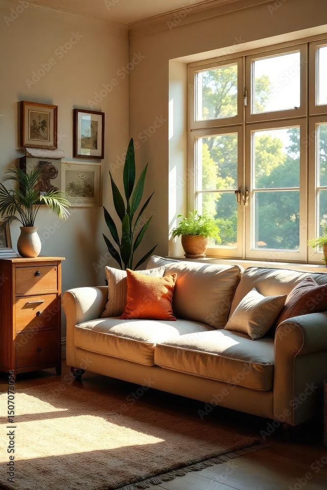 Fototapeta premium A cozy living room, sunlight streaming through a large window, highlighting a comfortable sofa and warm, inviting decor Perfect for homey, comfortable, and relaxing vibes , sunlight, aesthetic