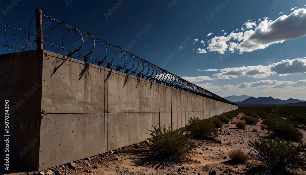 Fototapeta premium high concrete wall with barbed wire in mexican desert