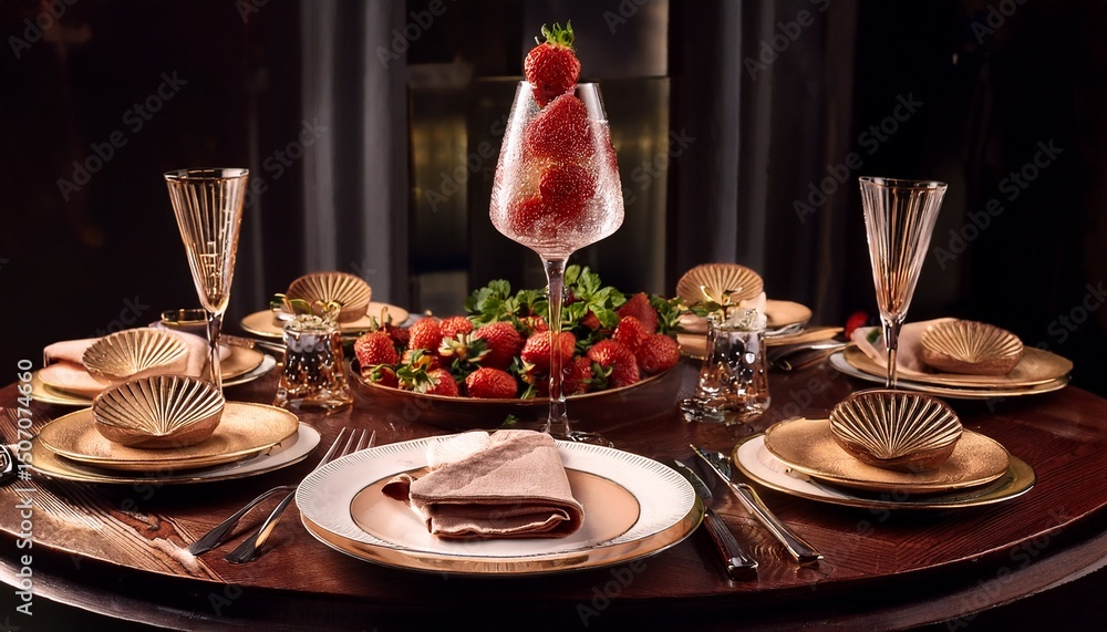 Naklejka premium luxurious dining table with gourmet dishes and a decorative strawberry topped glass