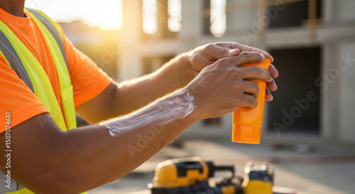 Construction worker applying sunscreen during outdoor project at sunset in urban area