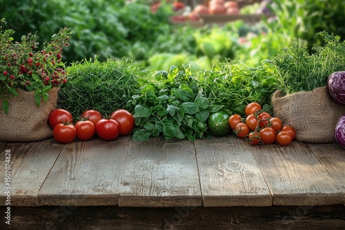 Fresh Organic Vegetables and Herbs on Rustic Wooden Table in Lush Garden Setting