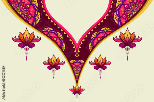 Mandala Lotus Collar Design in Rani Magenta and Saffron Orange Tones – Ethnic Neckline Embroidery Style