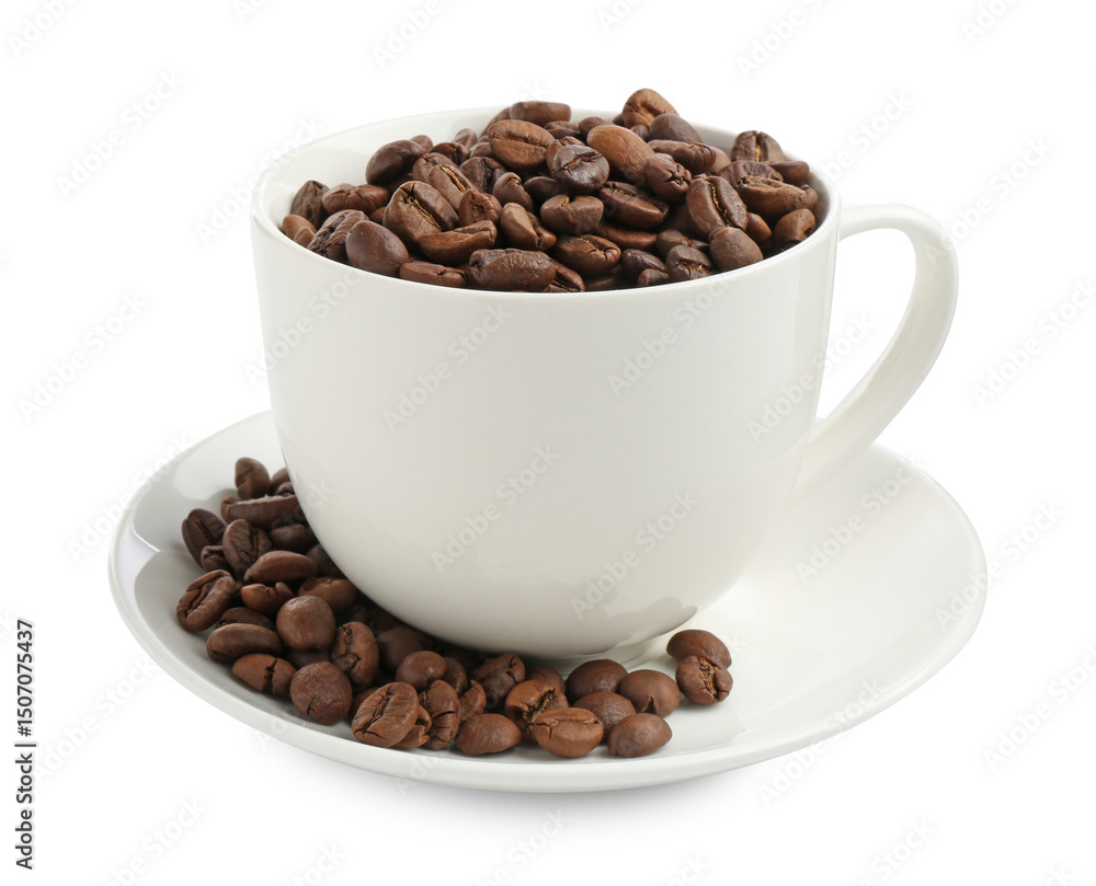 Ceramic cup with roasted coffee beans isolated on white Ceramic cup with roasted coffee beans isolated on white