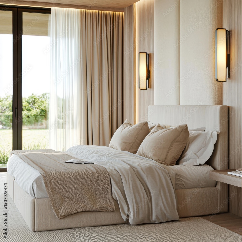 modern bedroom, fabric headboard, wall sconces, soft warm light, light beige bedding, layered sheer curtains, garden view modern bedroom, fabric headboard, wall sconces, soft warm light, light beige bedding, layered sheer curtains, garden view