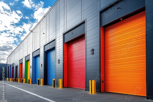 Colorful Industrial Warehouse with Vibrant Roller Doors Against a Cloudy Sky on a Bright Day