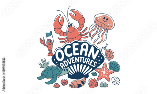 Vector illustration featuring a collection of cute sea creatures and shells in a modern cartoon style, easily editable and scalable.