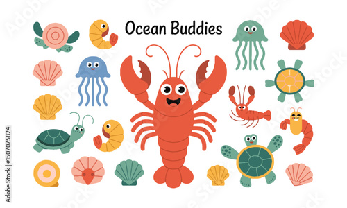 Vector illustration featuring a collection of cute sea creatures and shells in a modern cartoon style, easily editable and scalable.
