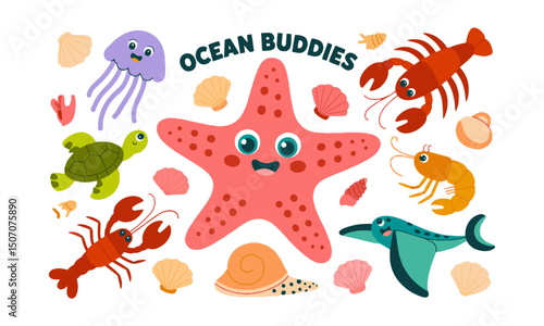 Vector illustration featuring a collection of cute sea creatures and shells in a modern cartoon style, easily editable and scalable.