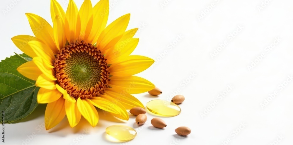 Obraz premium Golden sunflower oil with seeds, pure white background, vegetarian, oil