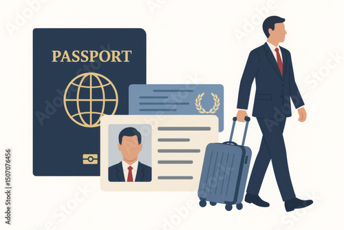 Professional businessman traveler walking with passport travel documents and rolling suitcase luggage. International business trip journey concept vector illustration design