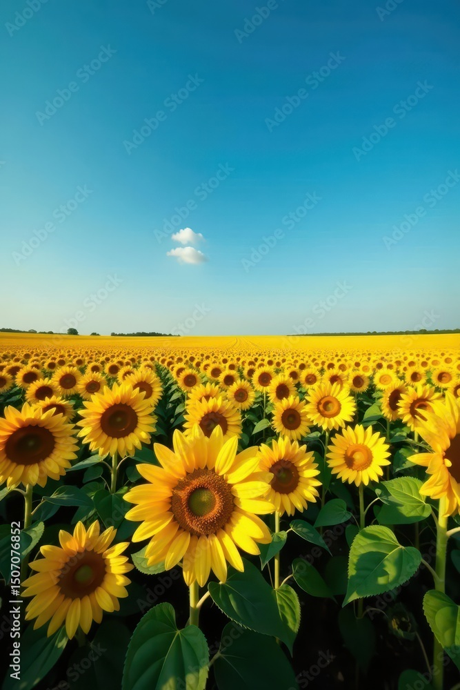 Obraz premium Vast sunflower field, endless rows stretching to a deep blue sky , flora, overview, sunny