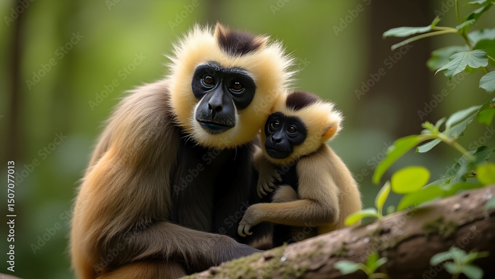 Close mage of Yellow Cheeked Gibbon monkey Nomascus, Monkey hold his baby monkey, cute monkey with yellow fur Close mage of Yellow Cheeked Gibbon monkey Nomascus, Monkey hold his baby monkey, cute monkey with yellow fur