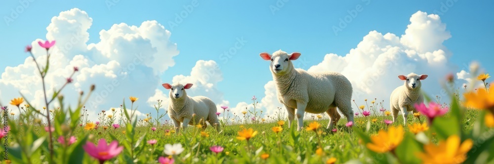 Obraz premium Fluffy ewes and vibrant wildflowers under a bright spring sky , countryside, sunlight, spring scene