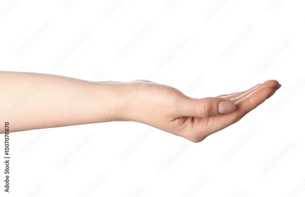 Woman holding something in hand on white background, closeup Woman holding something in hand on white background, closeup