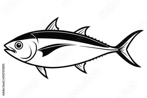Black and White Illustration of a Tuna Fish with Distinctive Fins and Tail