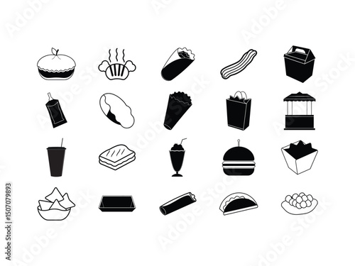 Vector Icons of Popular Street Food and Snacks Black and White Illustrations