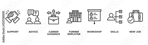Outplacement banner web icon vector illustration concept with icon of support, advice, career guidance, former employer, workshop, skills, new job, training, and presentation