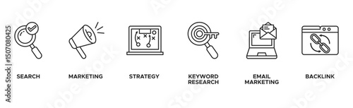 Seo marketing banner web icon vector illustration concept with icon of search, marketing, strategy, keyword research, email marketing, backlink