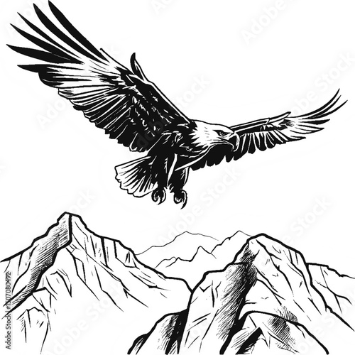 Majestic eagle soaring over mountain range vector illustration design art silhouette
