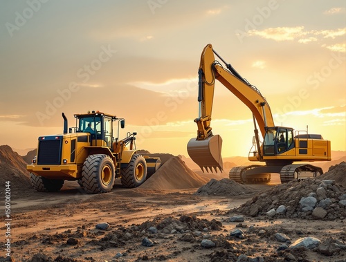 Excavator and loader working on dusty construction site at sunset, illustration style, desert background, concept of heavy transport machinery. Ai generative