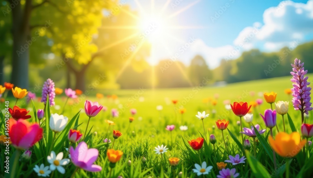 Obraz premium Sunlit meadow bursts with diverse spring blooms, creating a vibrant tapestry , photo, day, colorful