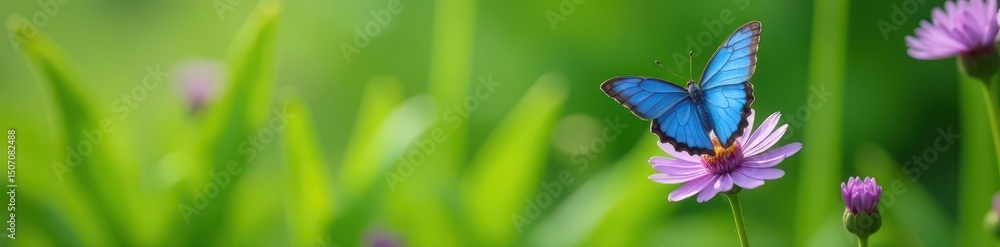 Vibrant blue morpho butterfly perched on a purple wildflower amidst lush green grass , stock photo, texture Vibrant blue morpho butterfly perched on a purple wildflower amidst lush green grass , stock photo, texture