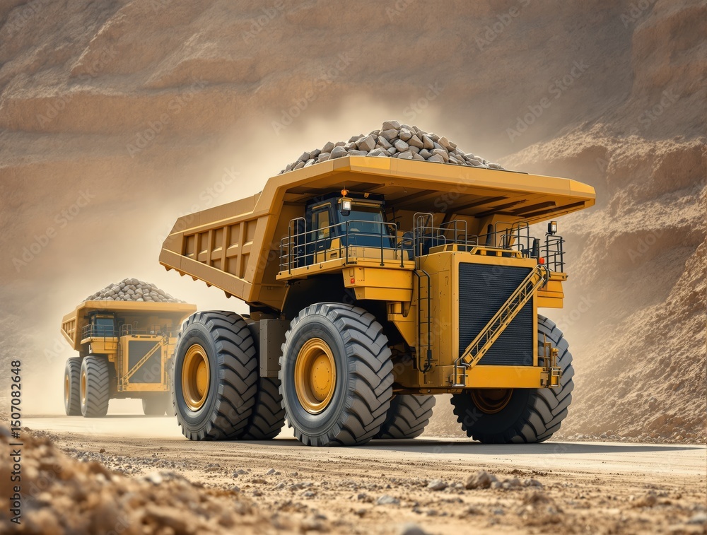 Fototapeta premium Two huge yellow mining dump trucks loaded with rocks driving on a dusty quarry road, realistic style, with rocky cliff background, concept of heavy transport. Ai generative