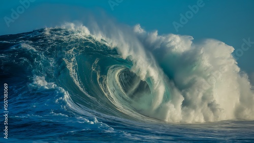 Massive Ocean Wave Curling at Shoreline with Dramatic Sky at Sunrise