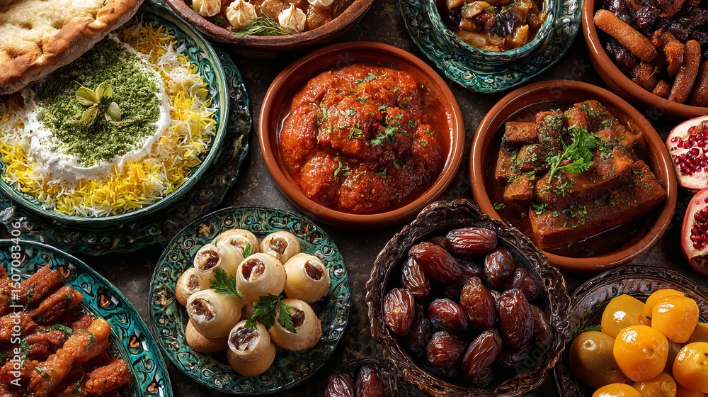 Fototapeta premium Delicious Middle Eastern Food Platter Diverse Dishes Authentic Cuisine Rich Flavors Aromatic Spices Traditional Recipes Culinary Delights Exquisite Presentation Gastronomic 