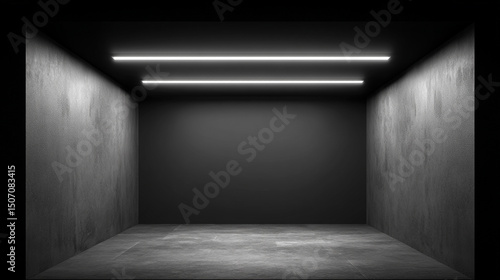 Minimalist empty dark abstract room concrete interior illuminated modern stark—A minimalist empty dark room with concrete walls and floor illuminated by linear ceiling lights creating stark
