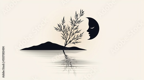 Tranquil island scene at dawn with a crescent moon, tranquil reflection