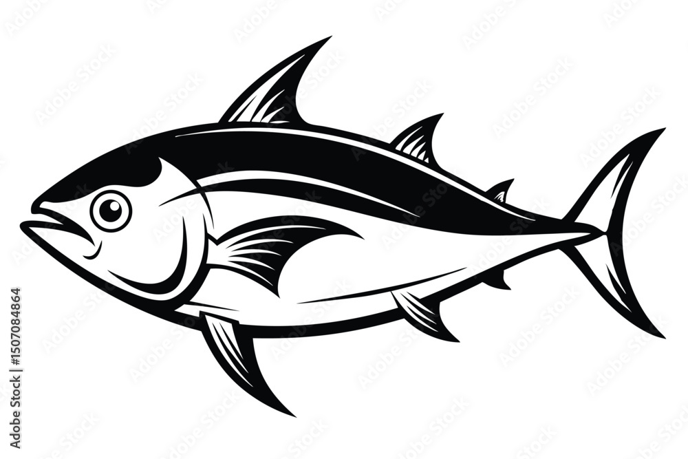 Obraz premium Striking Black and White Illustration Depicting a Tuna with Sharp Fins and Tail