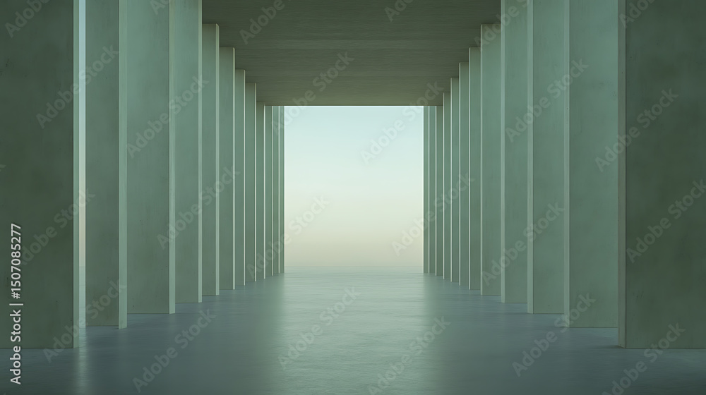 Fototapeta premium Minimalist concrete structure hallway leading to natural light, emphasizing architectural design and simplicity.