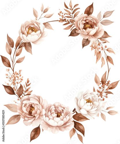 Watercolor floral wreath with beige and blush peonies and brown foliage, elegant botanical frame with neutral tones
