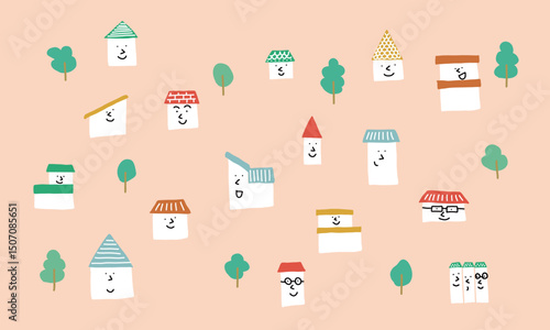 笑顔の住宅地・地域・社会・家のイメージイラスト